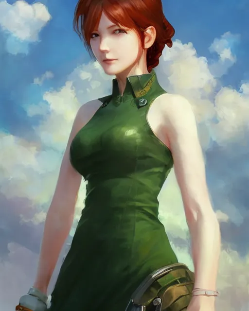 Image similar to elegant claire redfield in a green cottagecore dress, portrait, illustration, rim light, top light, summer clear blue sky, perfectly shaded, soft painting, art by krenz cushart and wenjun lin