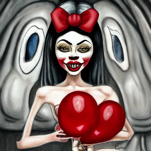 Image similar to grunge cartoon painting of kylie jenner with a wide smile and a red balloon by chris leib, loony toons style, pennywise style, corpse bride style, horror theme, detailed, elegant, intricate