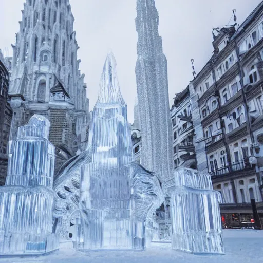 Prompt: a cityscape made entirely of ice, crystal clear ice city sculpture, first person pov, realistic fantasy photography, mystical