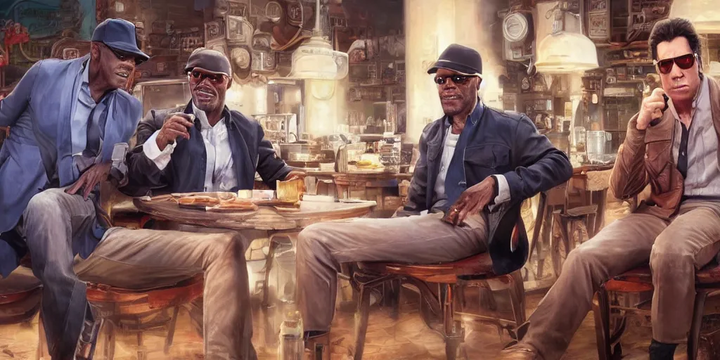 Prompt: painting highly detailed full - body samuel l jackson and john travolta posing in cafe, perfect symmetrical eyes, by eddie mendoza and tyler edlin, 8 k resolution, digital art, hyper realistic
