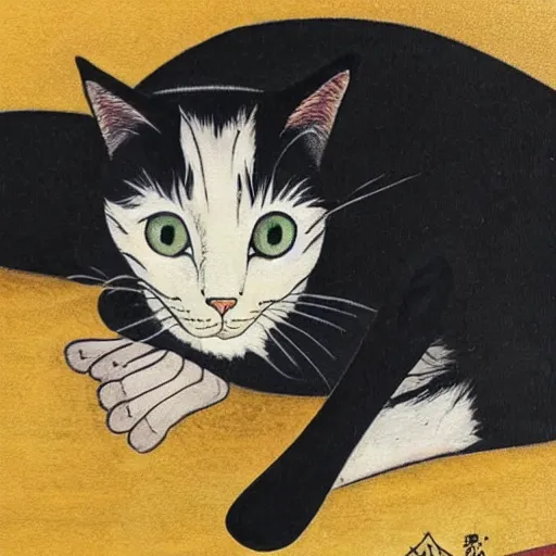 Image similar to a sitting black cat with yellow eyes by tsuguharu foujita, with a background, highly detailed, high quality, restored, historical art piece