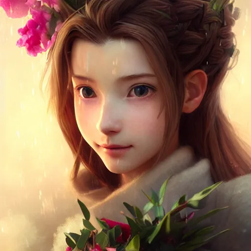 Prompt: Beautiful riveting aesthetically pleasing Aerith Gainsborough holding a flower basket portrait, face centered portrait, Confident, fog, rain, volumetric lighting, beautiful, golden hour, sharp focus, ultra detailed, conceptartworld by Leesha Hannigan, Ross Tran, Thierry Doizon, Kai Carpenter, Ignacio Fernández Ríos