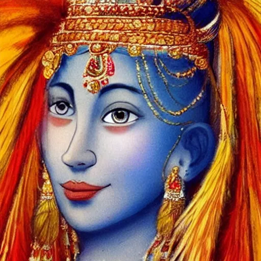 Image similar to A blue cloud on the head of a beautiful Indian princess, tears instead of rain, a gentle smile