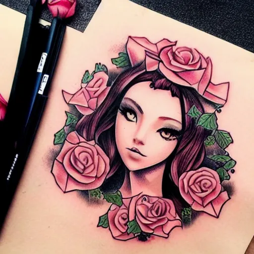 Image similar to tattoo design, stencil, beautiful egyptian girls face, roses and ivy surrounding by artgerm, artgerm, cat girl, anime