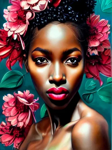 Image similar to portrait of a beautiful black woman with a floral background : : painted by artgerm, karol bak, artur bordalo, sandra chevrier : : portrait, character, illustration, hyperrealism, photorealism