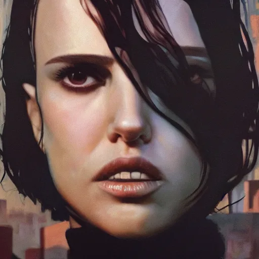 Image similar to closeup portrait of natalie portman from the movie leon the professional, matilda, hitman, city background, dramatic light, gorgeous view, depth, high detail, digital art, painted by greg rutkowski and seb mckinnon, by tim burton, trending on artstation