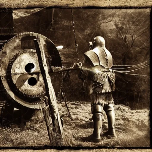 Image similar to wise angle photo of viking in armor working on the mechanical ancient device, tools and junk on the ground,wires and lights, old village in the distance, vintage old photo, black and white, sepia