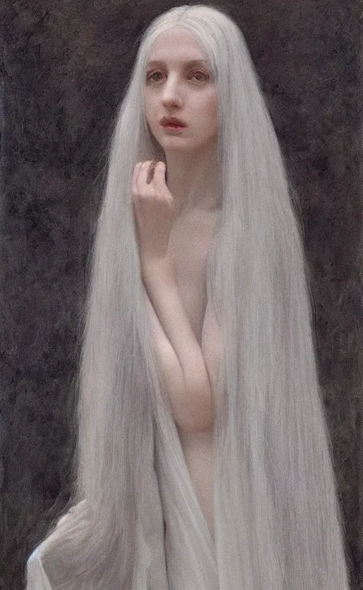 Prompt: say who is this with silver hair so pale and wan! and thin!? female angel, wearing long silver robes, flowing hair, pale fair skin, you g face, silver hair, covered!!, clothed!! lucien levy - dhurmer, jean deville, oil on canvas, 1 8 9 6, 4 k resolution, aesthetic!, mystery