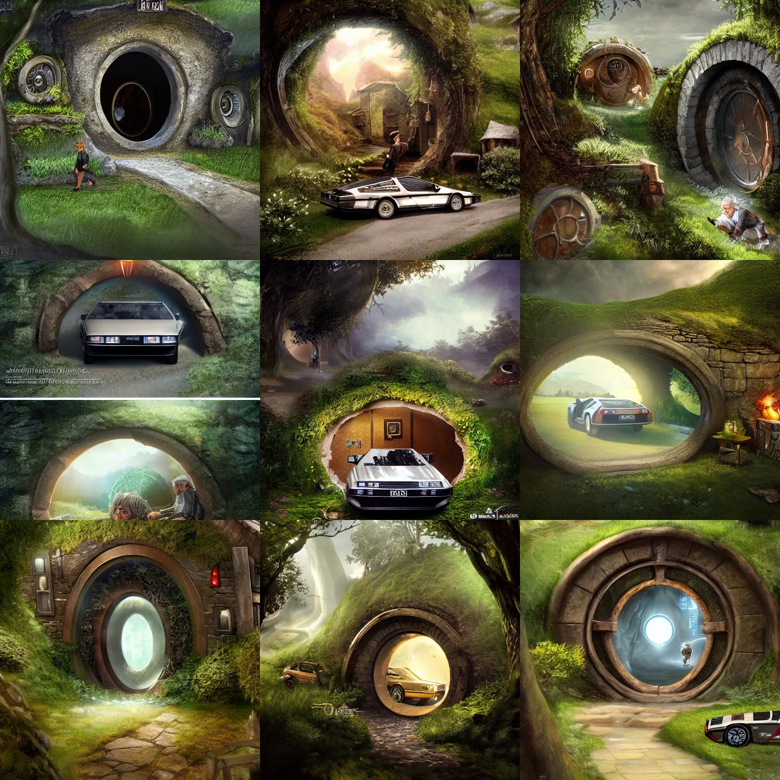 Prompt: A Delorean driving past a Hobbit hole's front door in the Shire, old hobbit watching and shaking his head, digital art, amazing composition, trending on artstation