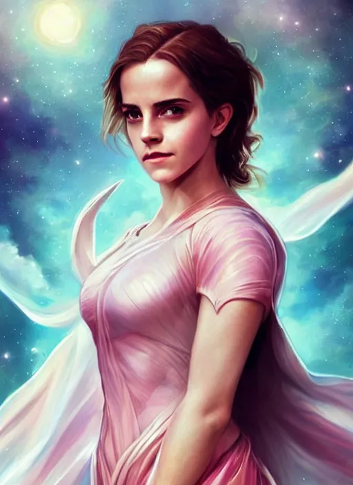 Image similar to emma watson as nature magic celestial, superwoman pose, long hair, soft pink and white transparent cloth, space, D&D, shiny background, intricate, elegant, highly detailed, digital painting, artstation, concept art, smooth, sharp focus, illustration, artgerm, bouguereau