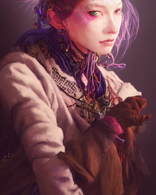 Image similar to portrait of a village witch, beautiful, fantasy, colorful, cinematic lighting, artstation, trending, highly detailed, focus, smooth, by hirohiko araki and yoshitaka amano