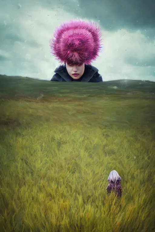 Image similar to portrait, enormous thistle flower head, a girl wearing coat in field, surreal photography, wind and cold, dramatic sky, impressionist painting, digital painting, artstation, simon stalenhag