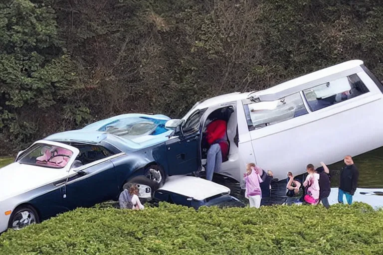 Image similar to Group of teenagers push Rolls-Royce into lake with their hands from a small slide wanting to drown him