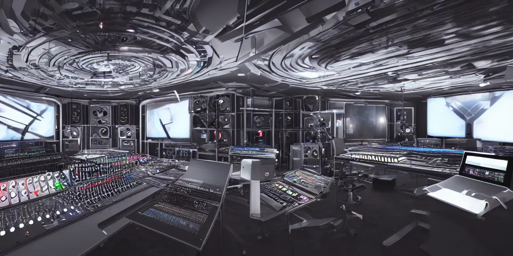 Prompt: giant futuristic music studio full of mixers, stands and speakers, led stripes, illuminated knobs, illuminated faders, intricate insanely detailed octane render, 8K artistic photography, photorealistic