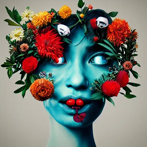 Prompt: a woman with flowers in her eyes and mouth created in 3d by James jean