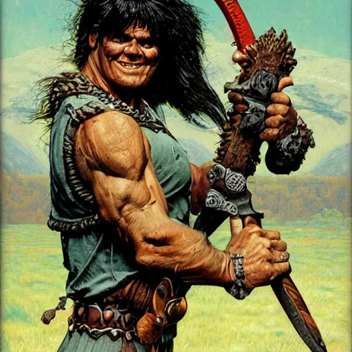 Image similar to grinning rottweiler barbarian, fantasy warrior, drooling, ultra detailed, 4 k, style of norman rockwell, style of richard corben.