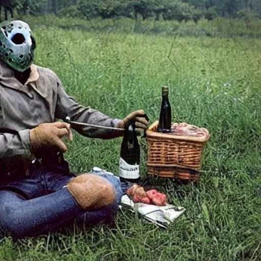 Image similar to jason voorhees having a picnic at chernobyl