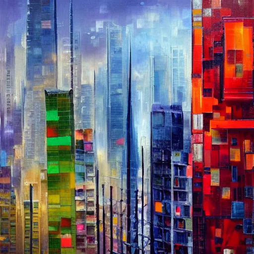 Prompt: a impressionism painting of a cityscape with buildings in the background, an abstract painting by stanton macdonald wright, cgsociety, lyrical abstraction, cityscape, dystopian art