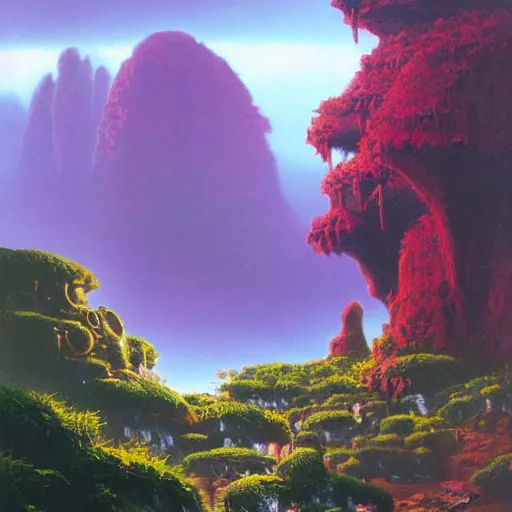 Image similar to detailed illustration of a lush natural scene on an alien planet by paul lehr. beautiful landscape. weird vegetation. cliffs and water.