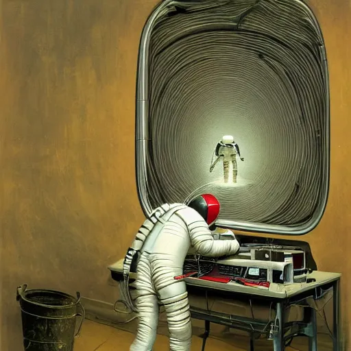 Image similar to an astronaut working on a 8 0 ’ s desktop computer in an old ornate art gallery. photorealistic. zdzisław beksinski, dariusz zawadzki, mariusz lewandowski highly detailed.