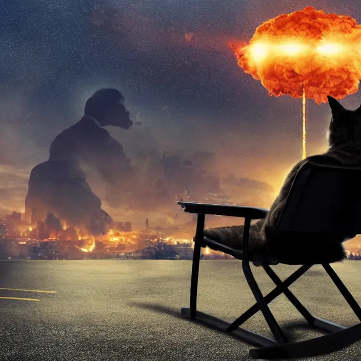 Image similar to cinematic movie, background blur bokeh, old man sitting in chair with black cat watching nuke explosion, world ending nuke, 4 k