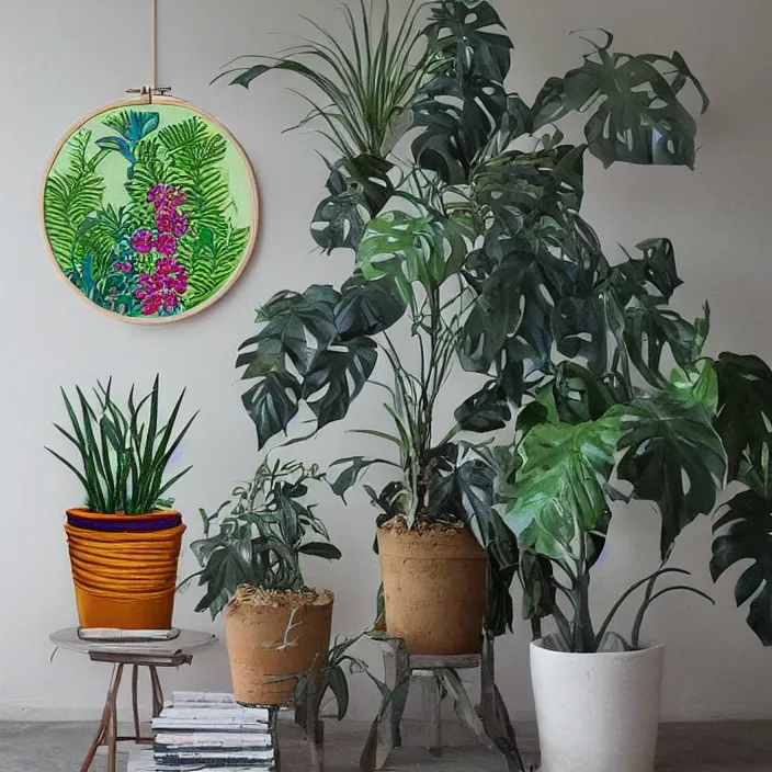 Image similar to exotic house plants. embroidery, painting by ardon mordecai