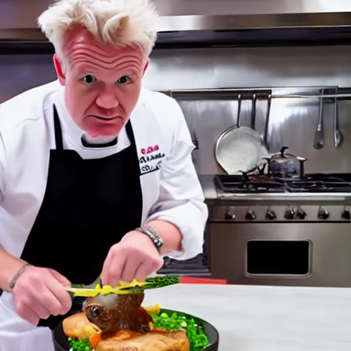 Image similar to hyper real Gordon Ramsey cooking a unicorn in kitchen 4k