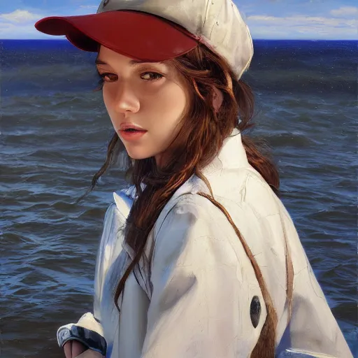 Prompt: oil painting by ilya kuvshinov,, baugh casey, artgerm craig mullins, coby whitmore, of a youthful white girl, long hair, fishing and wearing fisherman's outfit, fisherman's hat, highly detailed, breathtaking face, studio photography, noon, intense bounced light, water reflection, large tree casting shadow, serine intense sunlight