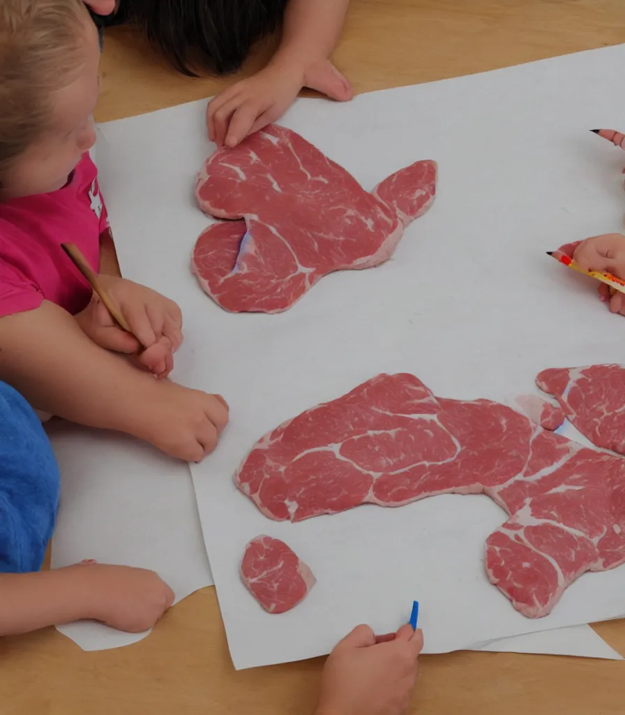 Prompt: kid drawing of uncooked meat