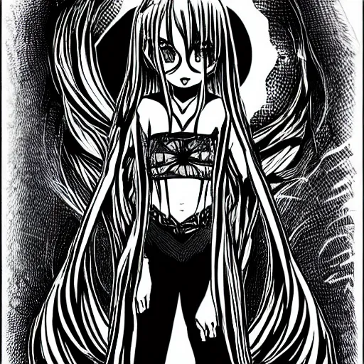 Prompt: intricate lineart drawing of a girl standing in the abyss, black ink, manga style, with evil eyes in the background, featured on pixiv, sharp lines, high resolution