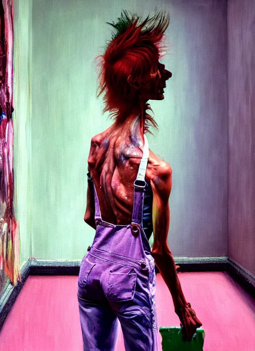 Image similar to an insane, skinny, artist wearing overalls, expressive painting the walls inside a grand messy studio, depth of field, hauntingly surreal, highly detailed painting by francis bacon, edward hopper, adrian ghenie, glenn brown, and james jean, soft light 4 k in pink, green and blue colour palette, cinematic composition,