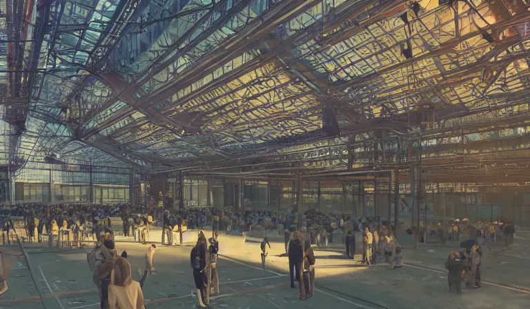 Image similar to large group people in a frame warehouse, looking at hologram of futuristic city on a table, cinematic concept art, godrays, golden hour, natural sunlight, 4 k, clear details, tabletop model buildings, center model buildings, hologram center, crane shot, crane shot, crane shot