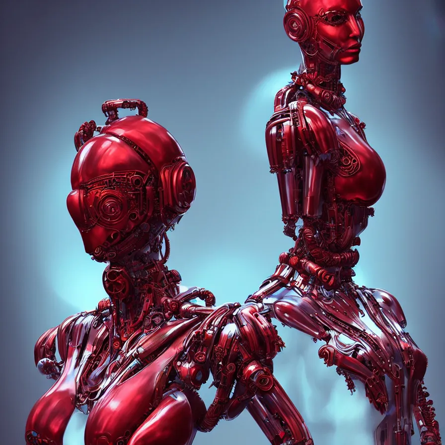 Prompt: portrait, super hero pose, red biomechanical dress, inflateble shapes, wearing epic bionic cyborg implants, masterpiece, intricate, biopunk futuristic wardrobe, highly detailed, art by akira, mike mignola, artstation, concept art, background galaxy, cyberpunk, octane render