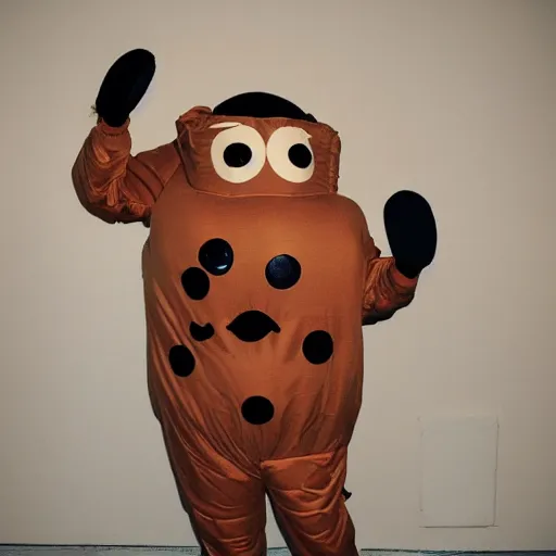Image similar to richard saturnino owens wearing a poo emoji costume