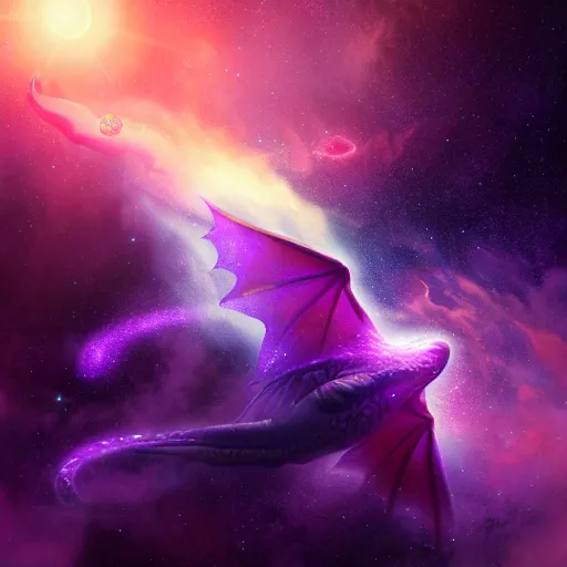Prompt: a purple star galaxy dragon flying through nebulous space, artstation, digital art, 4k, hyper realism, high detail, cinematic