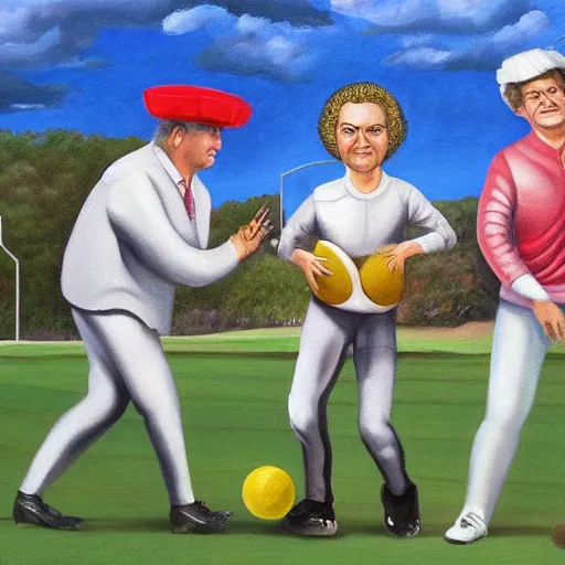 Image similar to A hyper realistic painting of old times politicians with wigs, playing American football with a watermelon on a golf course. Award winning, 4K
