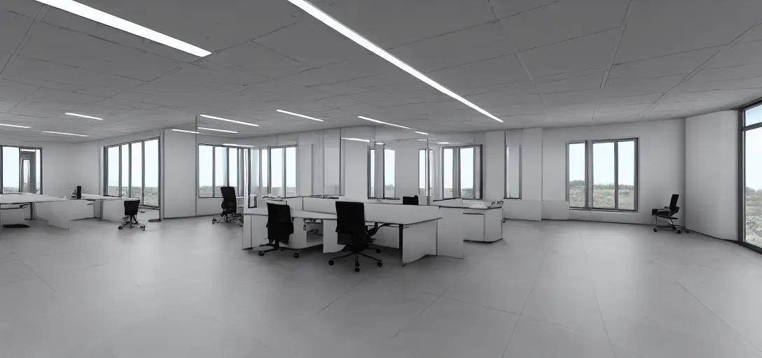 Image similar to empty office in the middle of nowhere, bright, 8 k photorealistic, hd, high details, trending on artstation