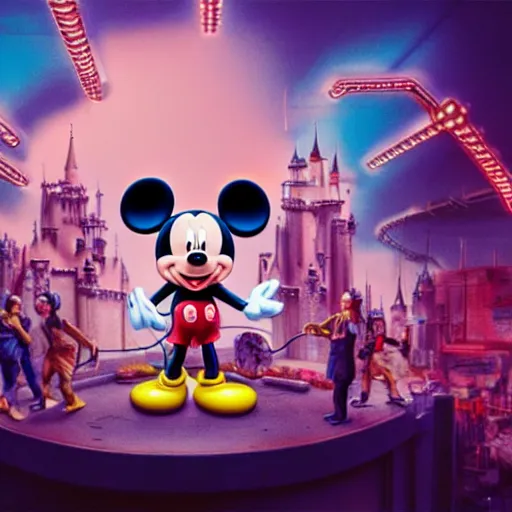 Image similar to a group of people standing around a mickey mouse, cyberpunk art by david lachapelle, cgsociety, sots art, dystopian art, reimagined by industrial light and magic, concept art