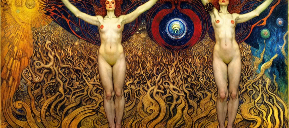 Image similar to Divine Chaos Engine by Karol Bak, Jean Delville, William Blake, Gustav Klimt, and Vincent Van Gogh, symbolist, visionary