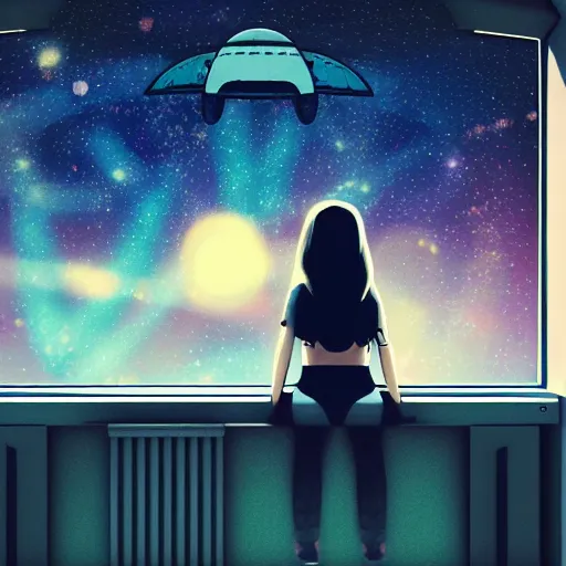 Image similar to lofi girl staring out the window of her spaceship listening to music on a sony walkman, camera facing the window, galaxies and stars are in the background of the window, spaceship is all rusted on the inside, 4 k, fantasy, space, lofi, music, alone, galaxies, stars