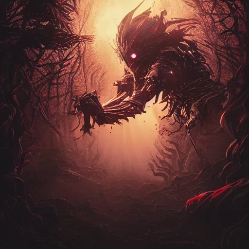 Image similar to extremely detailed artwork of an armored dark figure in a dark evil forest, super sayan, glowing hands, Sauron, Ultron, speedster, fantasy art, fog, heavy armor, knights armor, cinematic pose, pose, 8k UHD, villain. set in a dark evil forest where the entire forest floor is covered in dark red leaved, blood red leaves, atmospheric fog, moon lit