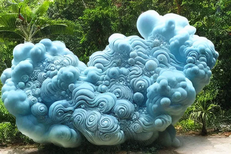 Image similar to a huge flock of many smooth puffy marvelous cloud sculptures with whirling ultra detailed gemstone crystal sculptures, art nouveau jungle environment, playful, award winning art, epic dreamlike fantasy landscape, ultra realistic,