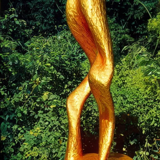 Image similar to vintage color photo of a giant 1 1 0 million years old abstract liquid gold sculpture shinning and covered by the jungle vines