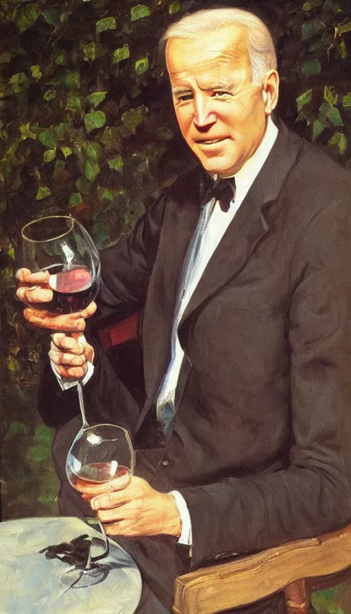 Image similar to still life painting of Joe Biden drinking wine in a garden by Peder Krøyer, golden hour, dramatic lighting, intricate detail, canvas print