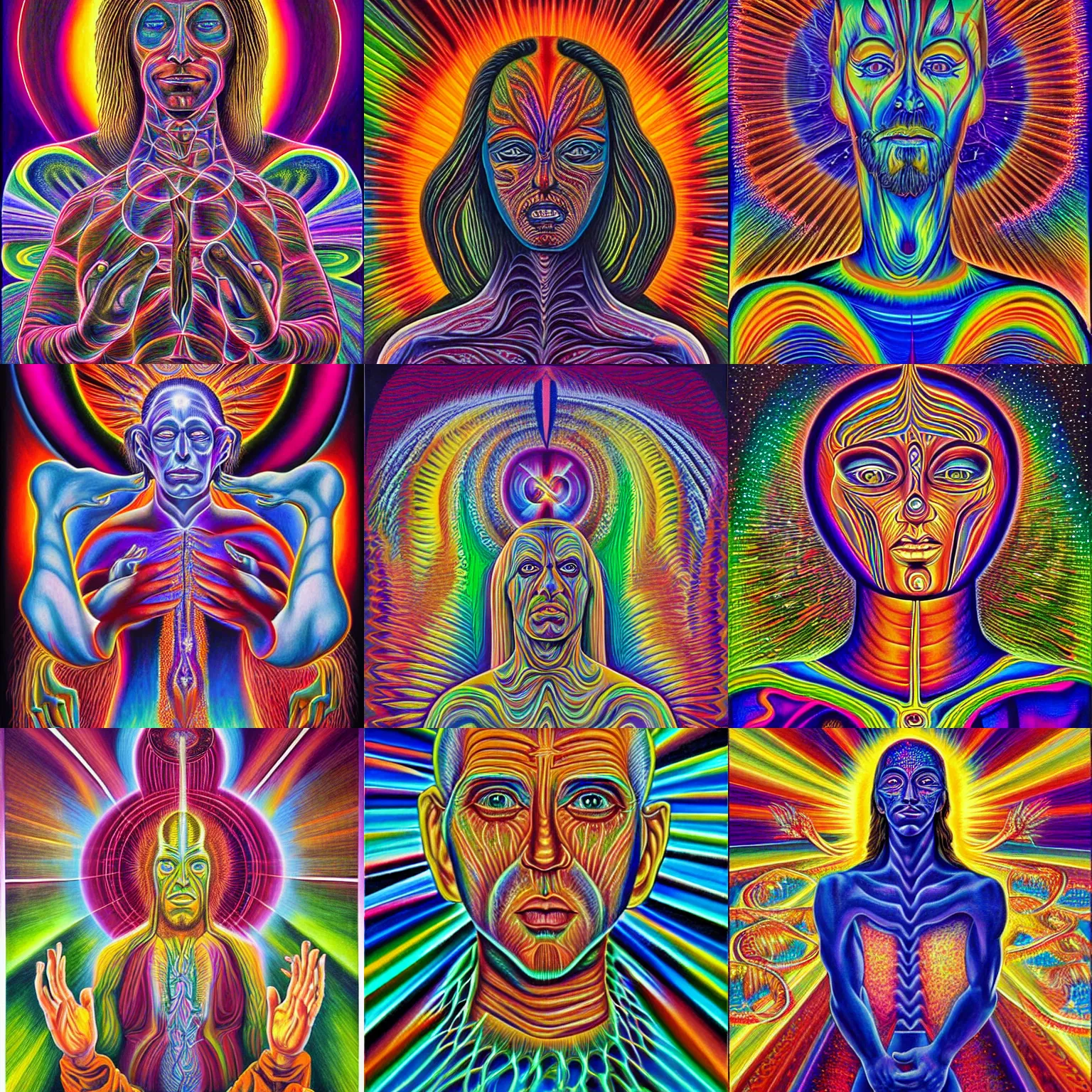 Prompt: cosmic christ ayahuasca spirit, painting by alex grey in the style of cosmic christ by alex grey