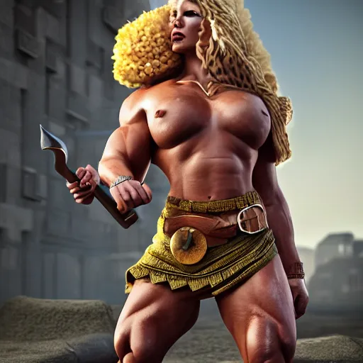 Image similar to a handsome bodybuilder viking girl with blond hair, clash royal style characters, unreal engine 5, octane render, detailed, cinematografic, cinema 4 d