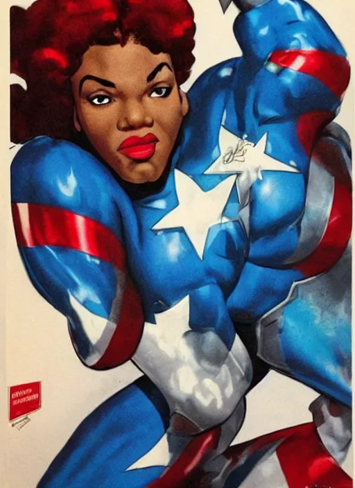 Image similar to beautiful black female captain america. afro - feminist captain america wins wwii. american wwii propaganda poster by james gurney, rob liefeld and pixar. gorgeous face. overwatch, realistic. black power