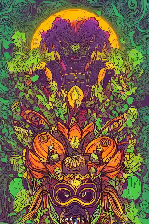 Image similar to animal mask totem roots flower tribal feather gemstone plant wood rock shaman vodoo video game vector cutout illustration vivid multicolor borderlands comics by josan gonzales and dan mumford radiating a glowing aura