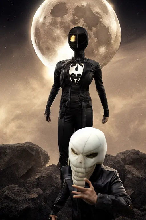 Image similar to hyperrealistic photography of Moon Knight mixed with Ghostrider style of patricia piccinini and Ivailo Ivanov and Gal Yosef, full-shot, merged character, 4k, highly detailed, cinematic lighting, photorealistic, 3d render, award winning render, unreal engine, masterpiece, octane render, sharp focus, studio lighting, 8k, hd