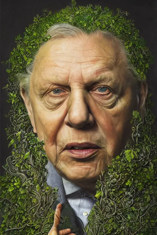 Image similar to intricate stunning highly detailed portrait of sir david attenborough, 🌱, by agostino arrivabene and vladimir kush, surreal, digital painting, ultra realistic, dramatic lighting, twisted vines, lush plants, pristine water, artstation